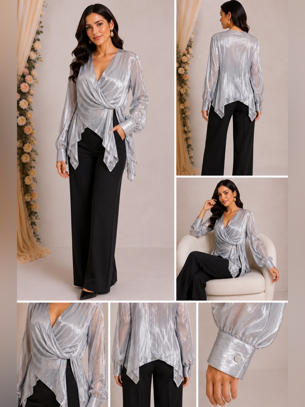 S-DEER Silver Metallic Draped Wrap Blouse Size L NWT